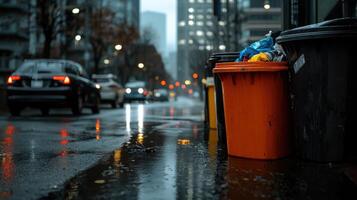 A trash can is sitting on the side of a wet street photo