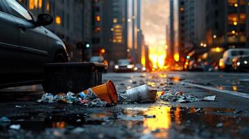 A city street with trash on the ground and cars driving by photo