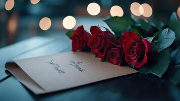 A card with a message written on it is sitting on a table with three red roses photo