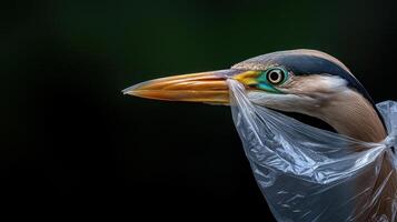 A bird with a plastic bag in its mouth photo