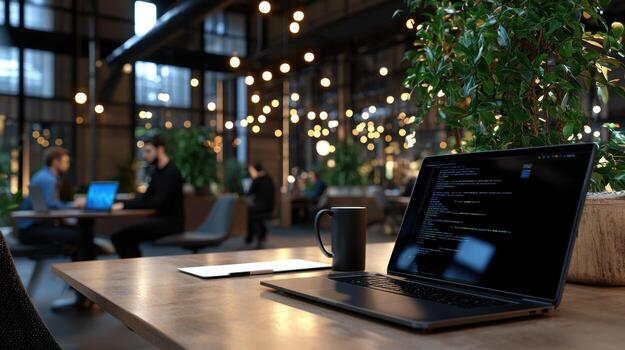 A laptop is open on a table in a room with people sitting around it photo