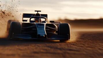 A race car is speeding down a dirt road photo