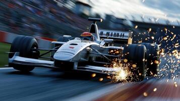 A race car is speeding down a track with sparks flying out of its tires photo