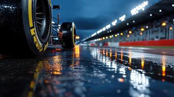 A race car is parked on a wet track photo
