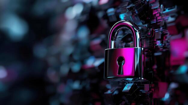 A silver lock with a keyhole is shown in a dark background photo
