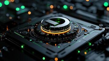 A computer chip with a glowing letter D on it photo