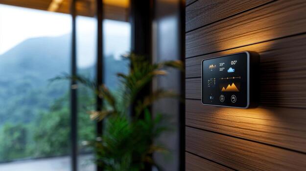 A smart thermostat is mounted on a wooden wall in a room with a large window photo