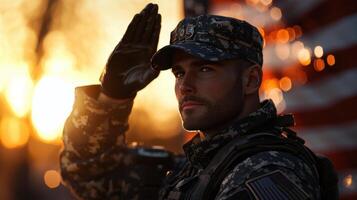 A man in a military uniform is saluting the American flag photo