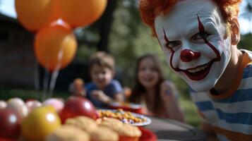 A clown is smiling and eating a cookie photo