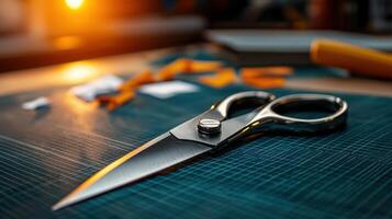 A pair of scissors is on a blue surface with a yellow object in the background photo