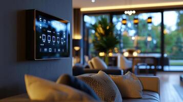 A living room with a large flat screen TV mounted on the wall photo