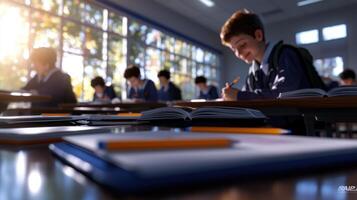 A boy is sitting at a desk with a pencil and a book photo