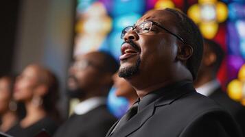 A man in a suit is singing in front of a group of people photo