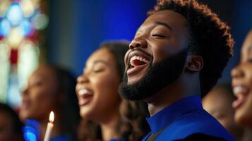 A group of people singing in a church, one man is smiling and holding a candle photo