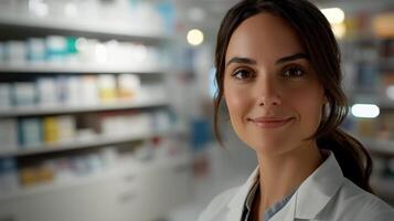A woman in a white lab coat is smiling at the camera photo