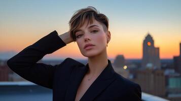 A woman with a short haircut is standing on a rooftop, wearing a black suit photo