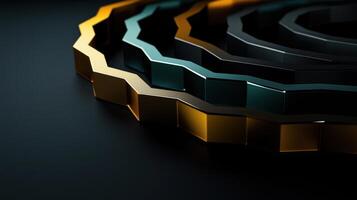 A series of hexagonal shapes in gold, black, and blue photo