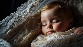 A baby is sleeping in a blanket with lace photo