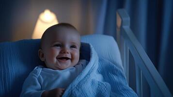 A baby is smiling and laying in a crib with a blue blanket photo