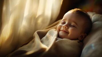 A baby is sleeping in a blanket with a smile on his face photo