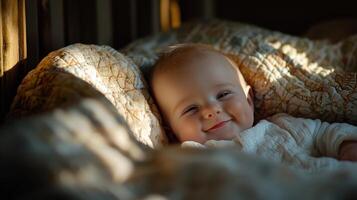 A baby is smiling and laying on a bed photo