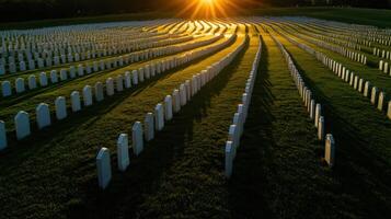 A large field of white headstones with the sun shining on them photo