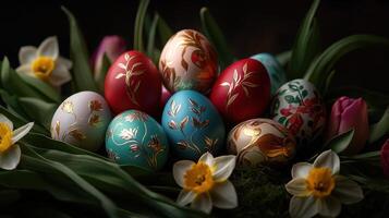 A bunch of Easter eggs are arranged in a basket with flowers photo