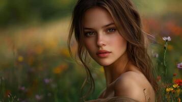 A woman with long brown hair is standing in a field of flowers photo