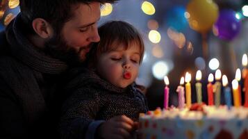 A man and a child are blowing out candles on a birthday cake photo