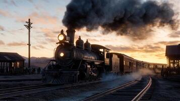 A steam train is traveling down the tracks, with smoke billowing from its engine photo