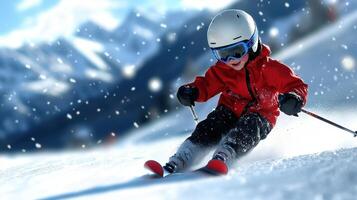 A young child is skiing down a snowy slope wearing a red jacket and goggles photo