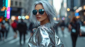 A woman in a silver jacket and sunglasses stands on a city street photo