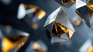 A collection of shiny, gold and silver cubes are floating in the air photo