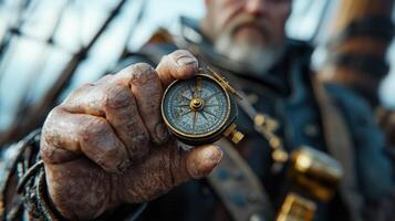 A man is holding a compass in his hand photo