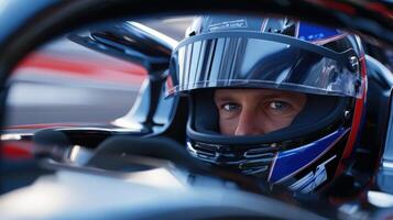 A man in a racing helmet is driving a race car photo