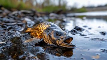A fish is laying on the ground in a pond photo