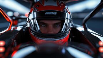 A man in a racing helmet is looking at the camera photo