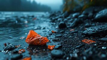 A plastic bag is floating in the water near some rocks photo