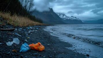 A beach with a mountain in the background and a plastic bag on the sand photo
