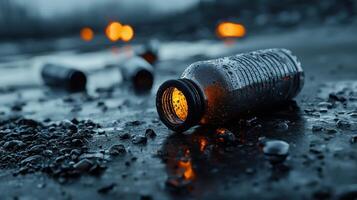 A bottle of water is sitting on the ground with a small flame coming out of it photo
