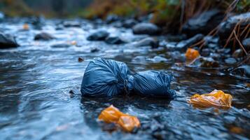 A plastic bag is floating in a river photo