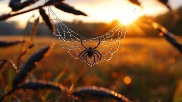 A spider web is suspended over a field of grass photo