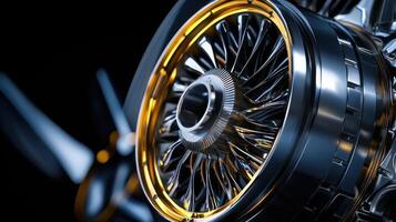 A close up of a jet engine with a yellow rim photo
