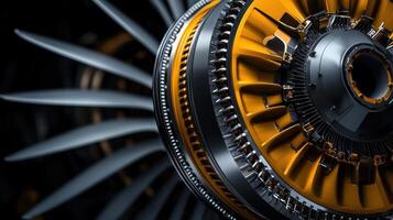 A close up of a jet engine with a yellow and black color scheme photo