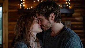 A man and a woman are kissing each other in a cozy room photo