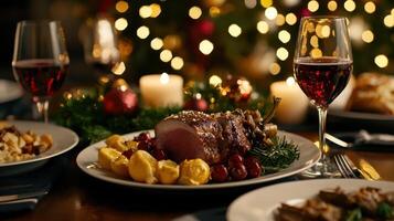 A table with a Christmas dinner and a glass of wine photo