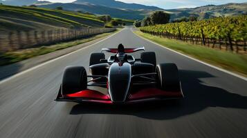 A black race car is speeding down a road photo