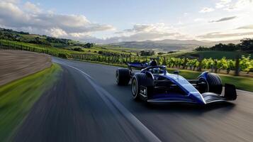 A blue race car is speeding down a track photo