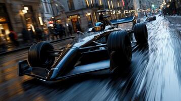 A black race car is speeding down a wet street photo