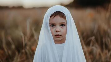 A young child is wearing a white veil and standing in a field of tall grass photo